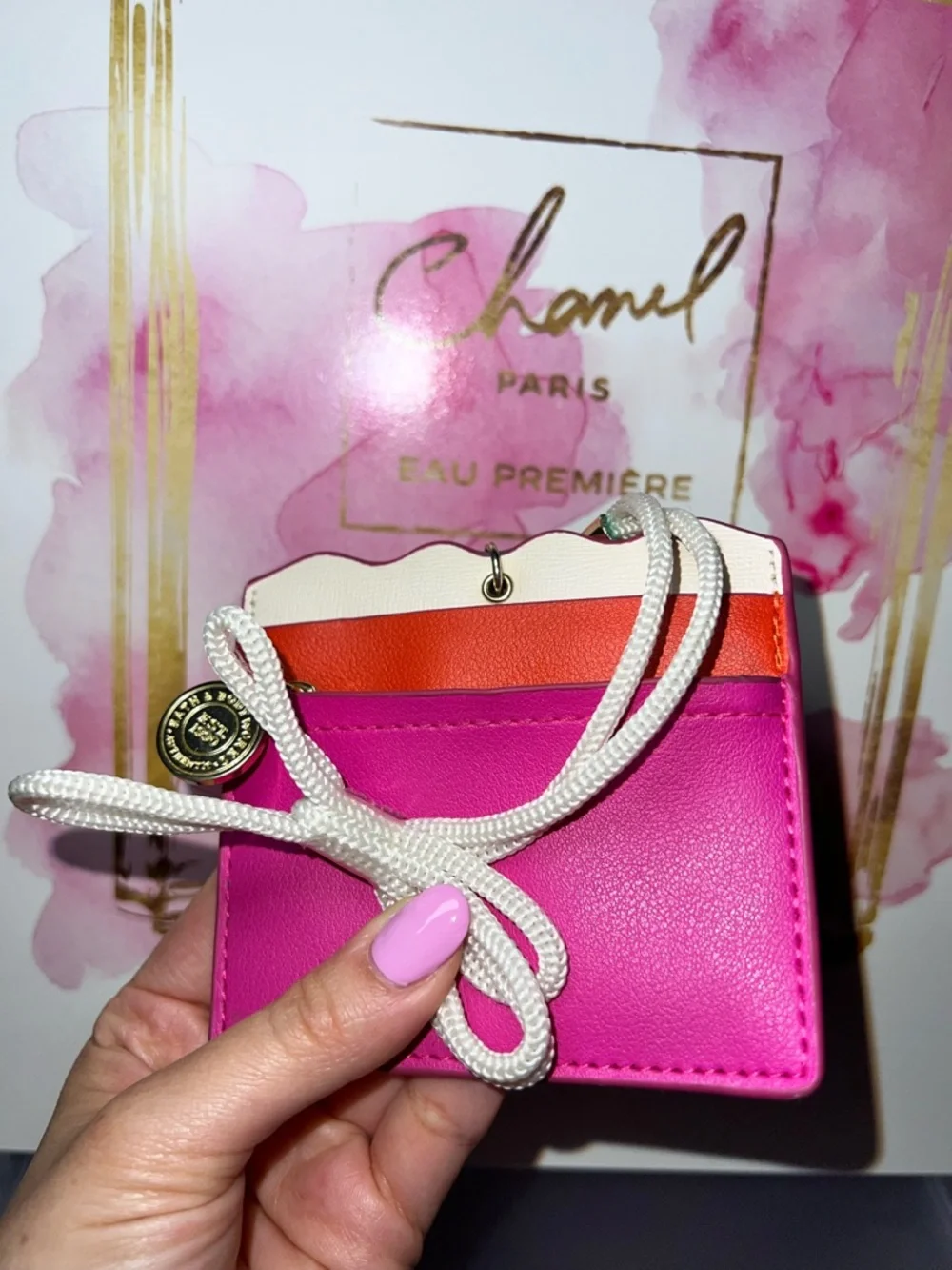 Bath & Body Works Pink & Orange Cardholder with Gold Bell Hand Sanitizer Holder
